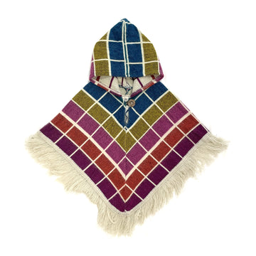 front of baby poncho with hood and fringe with stripes with blue, green, pink, red and purple colors and a white grid pattern on top