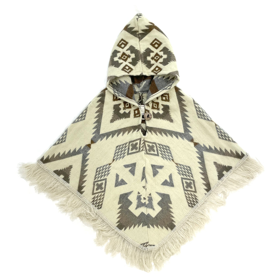 front of baby poncho with hood and fringe with brown and gray patern