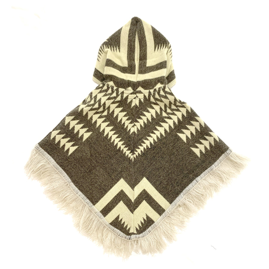back of baby and toddler poncho with a hood and fringe with a base color of a gray brown and cream color arrows on top