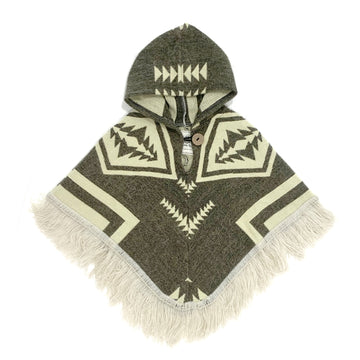 front of baby and toddler poncho with a hood and fringe in the bottom with a base color of a gray/brown and cream color shapes and lines on top
