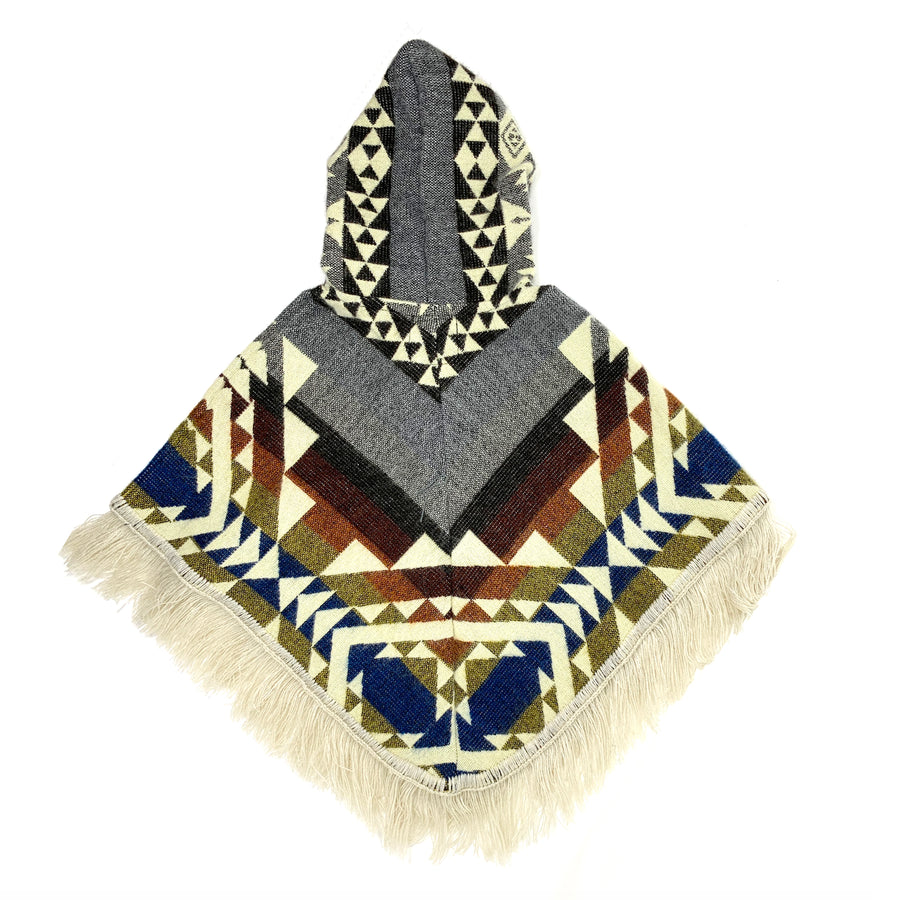 back of poncho has stripes with colors blue, yellow, orange, dark red and grey and the hood has a stripe with black and white triangle shapes