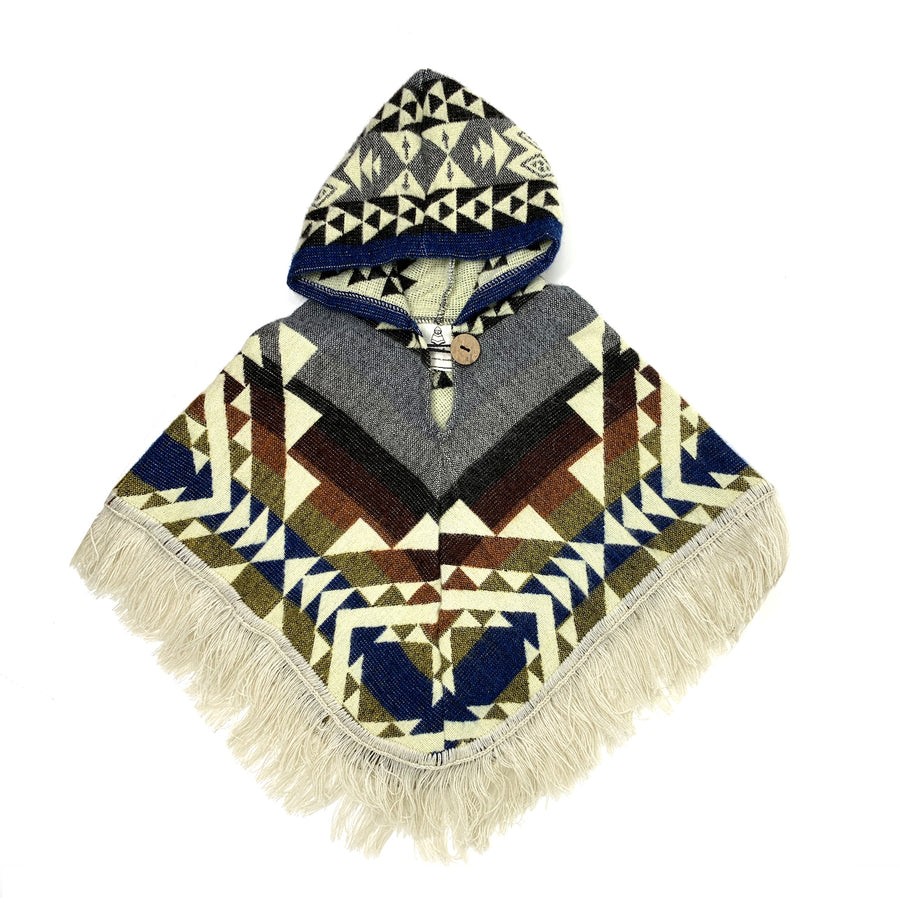 front of poncho has stripes with colors blue, yellow, orange, dark red and grey