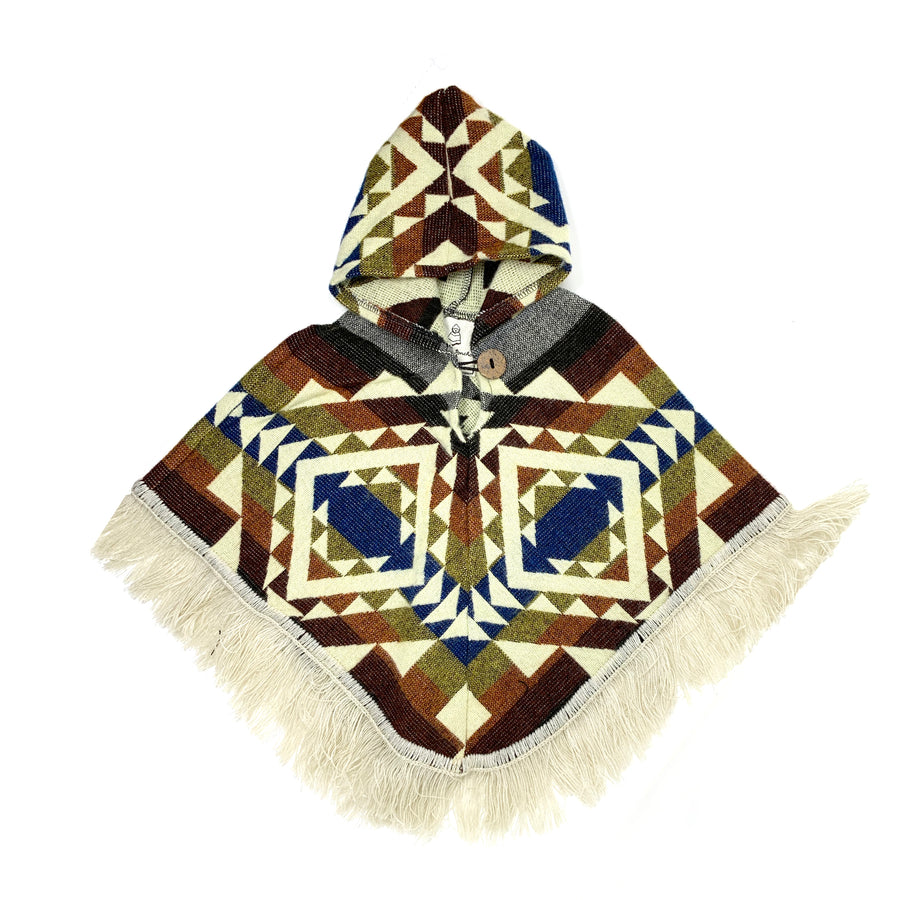 front of poncho and hood  have  stripes with colors blue, yellow, orange, dark red