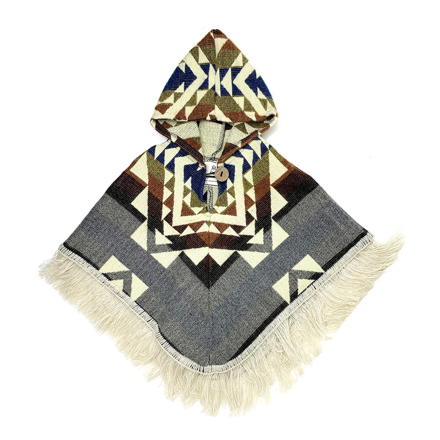 front of baby poncho with gray and also some color stripes. on top there is a design of squares of triangles in white. the hood is also with the colors and design on top.