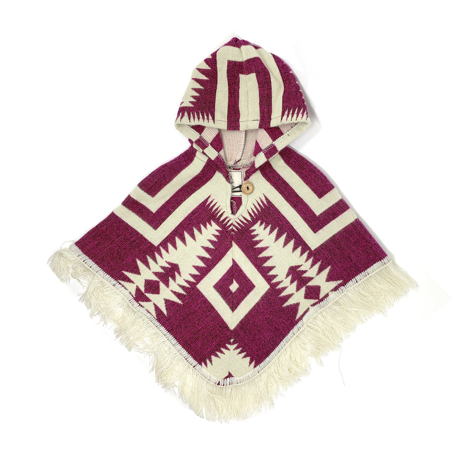 front of poncho that has 2 colors. a plum color and white. the pattern is lines and arrows