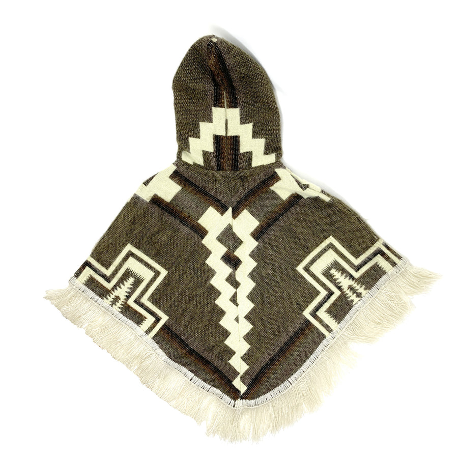 back of baby poncho with a hood in brown with white cross designs on the sides and two parallel white lines in the middle (vertical)