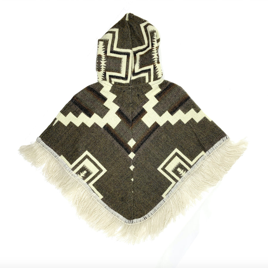 back of brown baby poncho with a hood with white zigzag staggered shapes in each side 