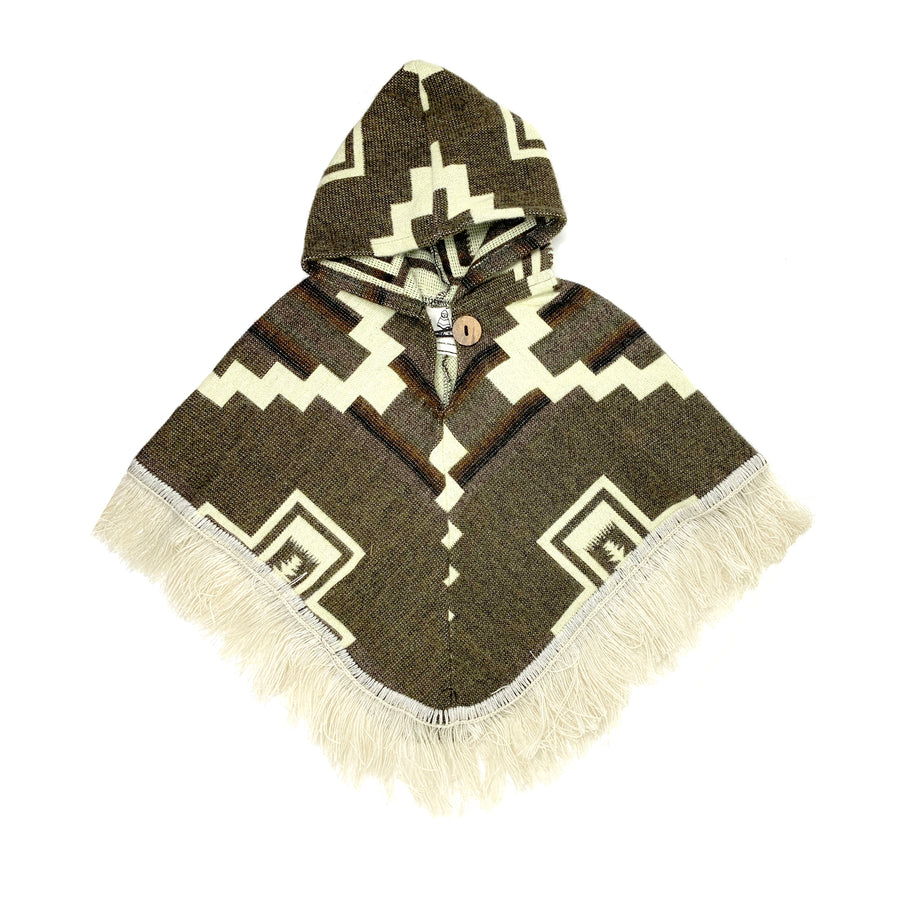 front of brown baby poncho with a hood with white zigzag staggered shapes in each side 