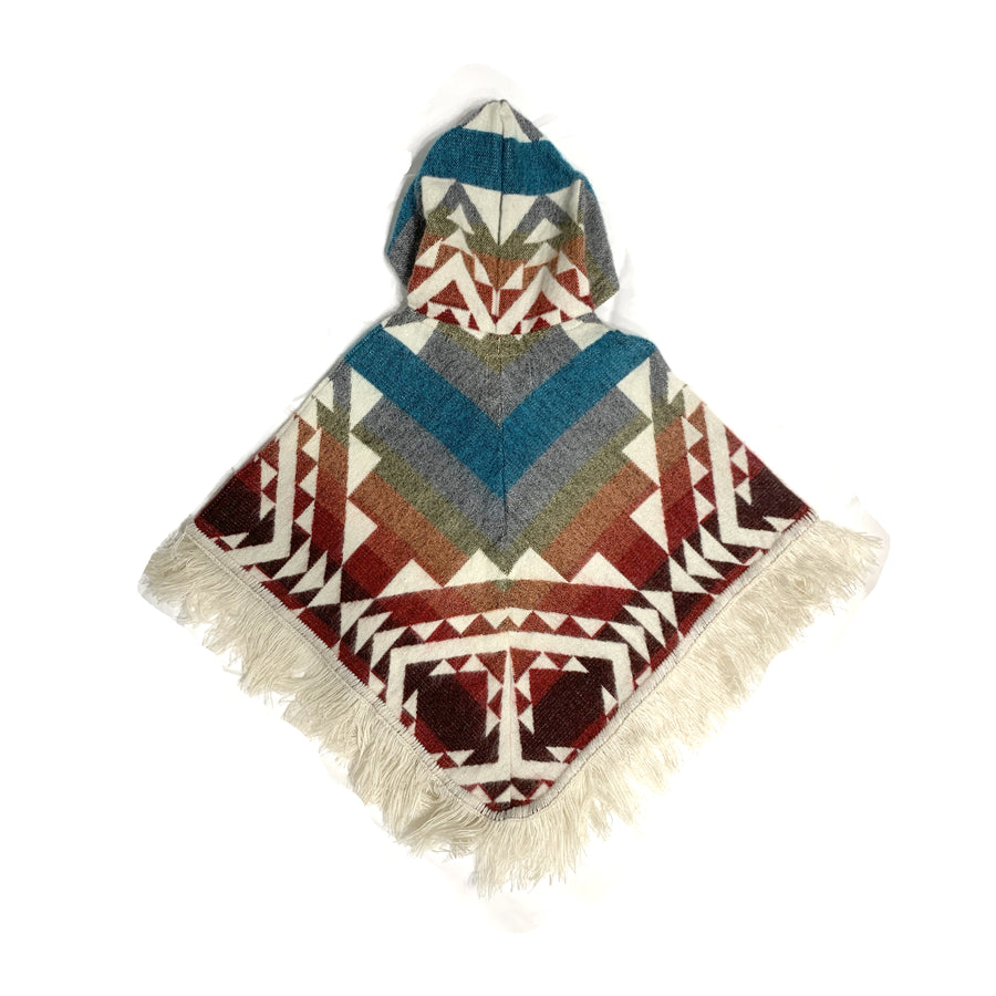 back of baby and toddler poncho that is blue, gray, yellow, orange, red and dark red with white patterns on top