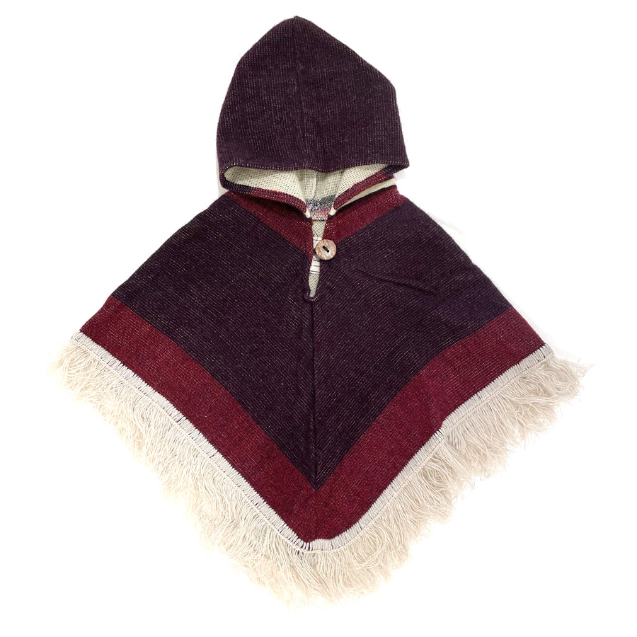 Front of baby and toddler poncho HOODED WITH A PURPLE AND DARK RED COLORS AND FRINGE IN THE BOTTOM