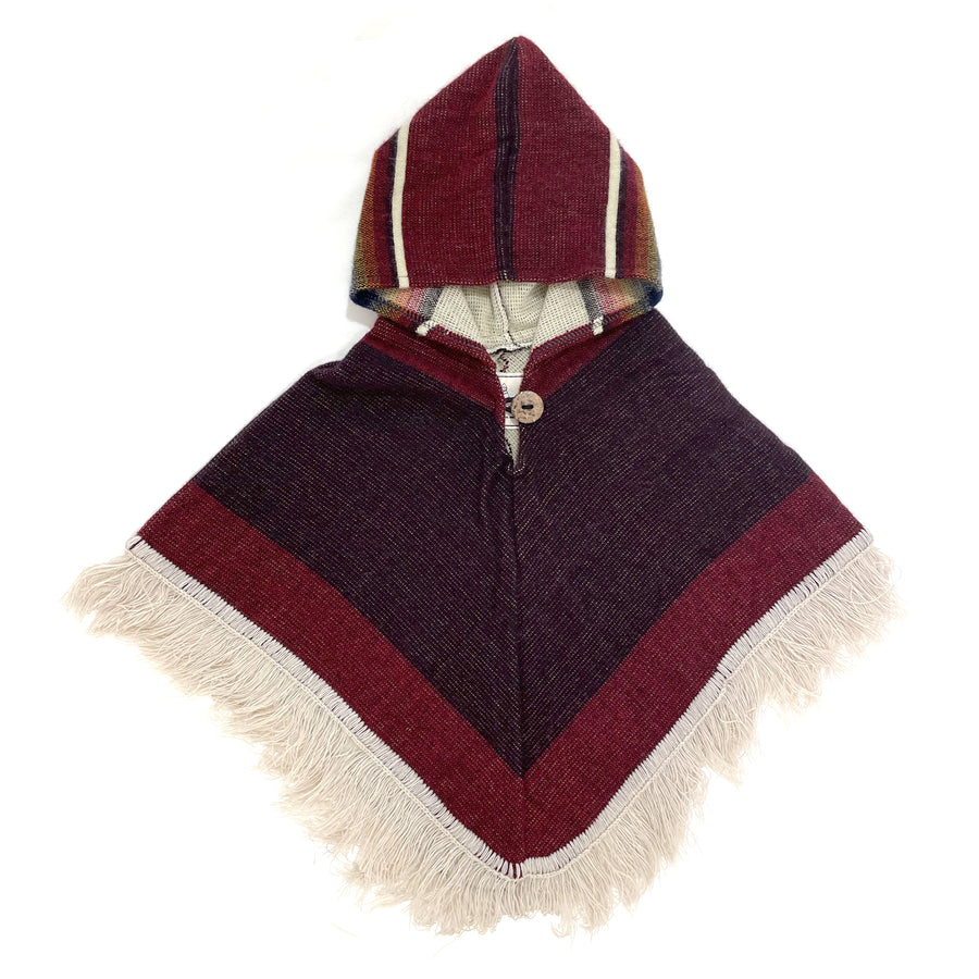 Front of baby and toddler poncho HOODED WITH A PURPLE AND DARK RED COLORS AND FRINGE IN THE BOTTOM